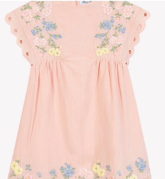 Tartine Et Chocolat Peach Linen Embroidered Dress