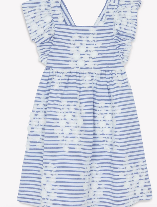 Tartine Et Chocolat Marine Blue Striped Embroidered Cotton-Blend Dress
